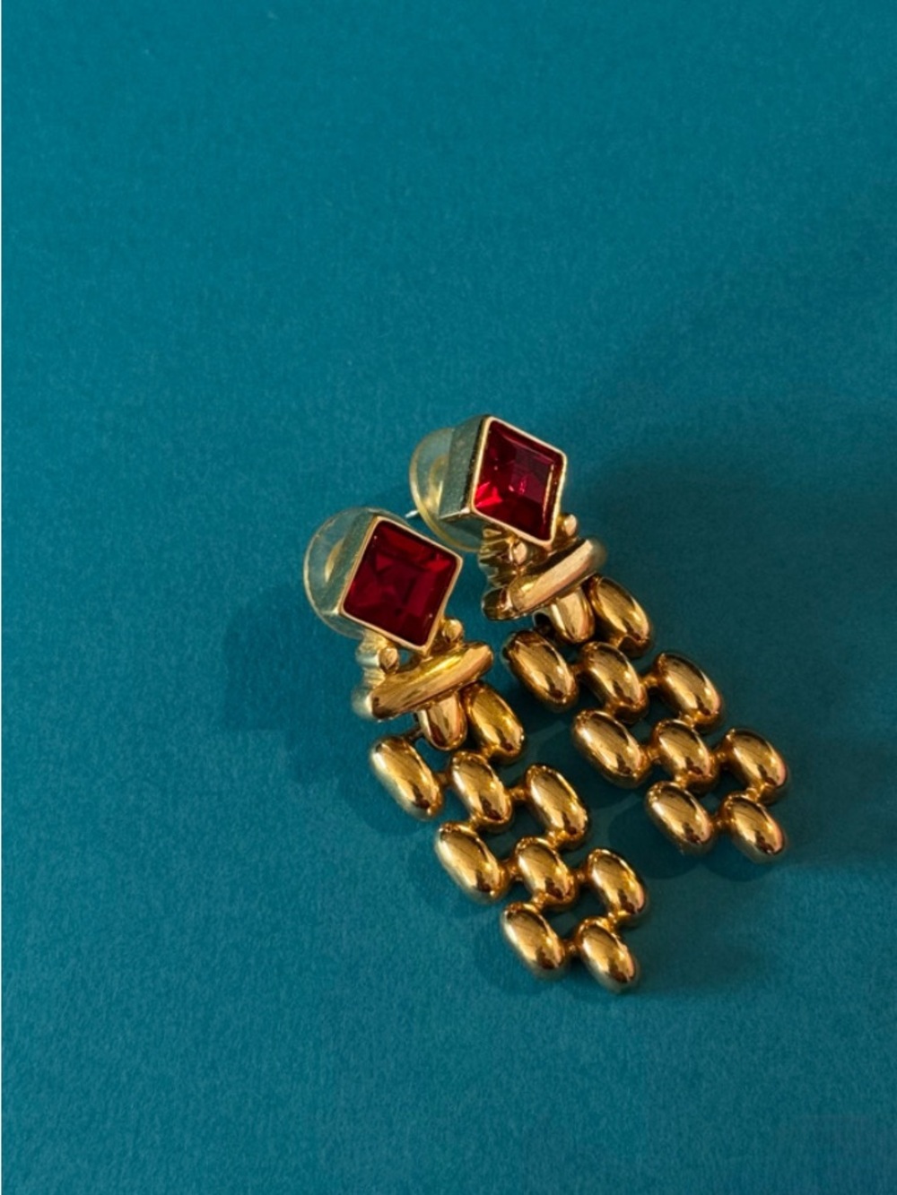 Vintage Swarovski Gold-Tone Drop Earrings with Red Square Crystal